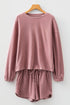 Waffle Knit Drop Shoulder Pullover Drawstring Short Sets