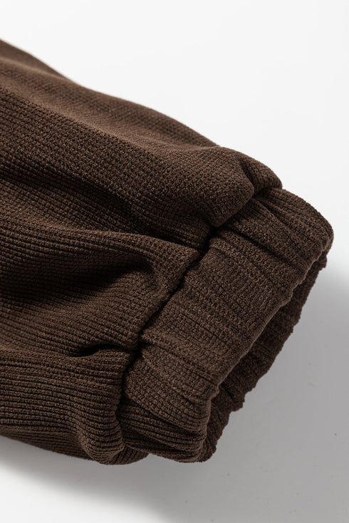 Waffle Knit Drop Shoulder Pullover Drawstring Short Sets