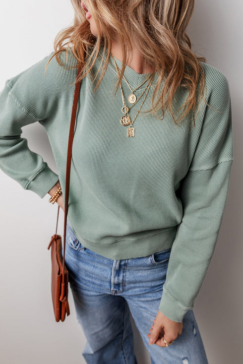 Waffle Knit Drop Shoulder V Neck Pocket Top