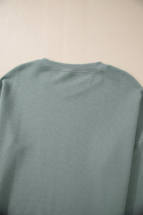 Waffle Knit Drop Shoulder V Neck Pocket Top
