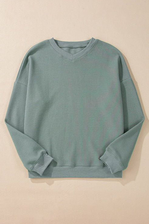 Waffle Knit Drop Shoulder V Neck Pocket Top