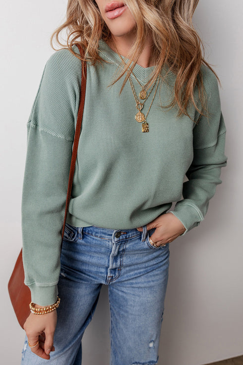 Waffle Knit Drop Shoulder V Neck Pocket Top