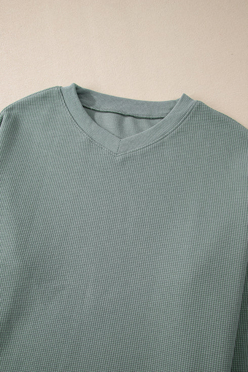 Waffle Knit Drop Shoulder V Neck Pocket Top