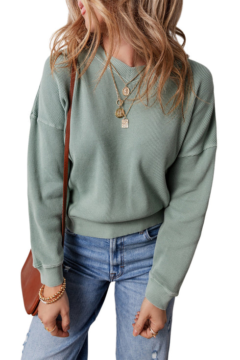 Waffle Knit Drop Shoulder V Neck Pocket Top