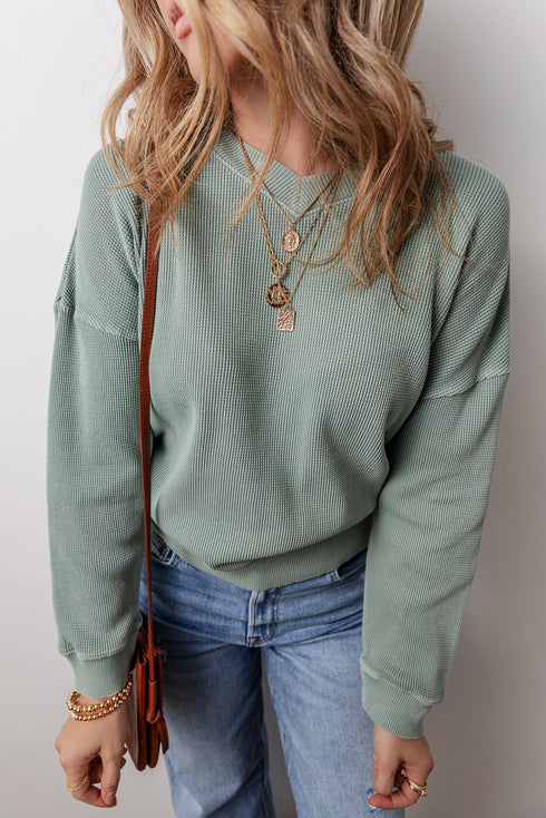 Waffle Knit Drop Shoulder V Neck Pocket Top