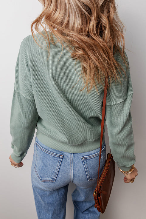 Waffle Knit Drop Shoulder V Neck Pocket Top