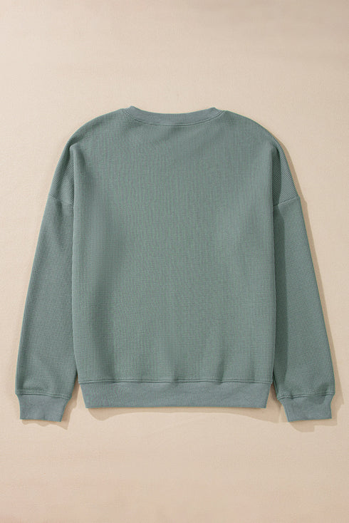 Waffle Knit Drop Shoulder V Neck Pocket Top