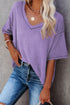 Waffle Knit Exposed Seam Detail V Neck Half Sleeve Top