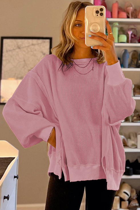 Waffle Knit Exposed Seam Long Sleeve Tunic Top