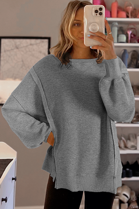 Waffle Knit Exposed Seam Long Sleeve Tunic Top