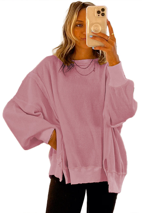 Waffle Knit Exposed Seam Long Sleeve Tunic Top