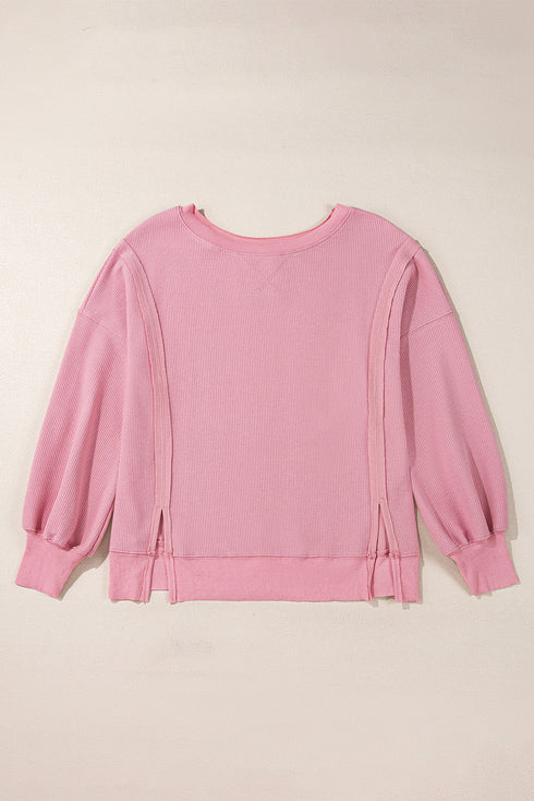 Waffle Knit Exposed Seam Long Sleeve Tunic Top