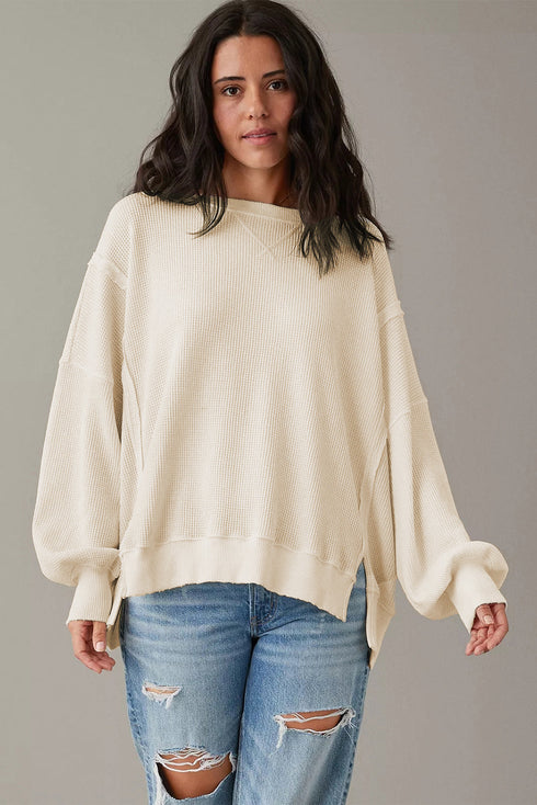 Waffle Knit Exposed Seam Long Sleeve Tunic Top