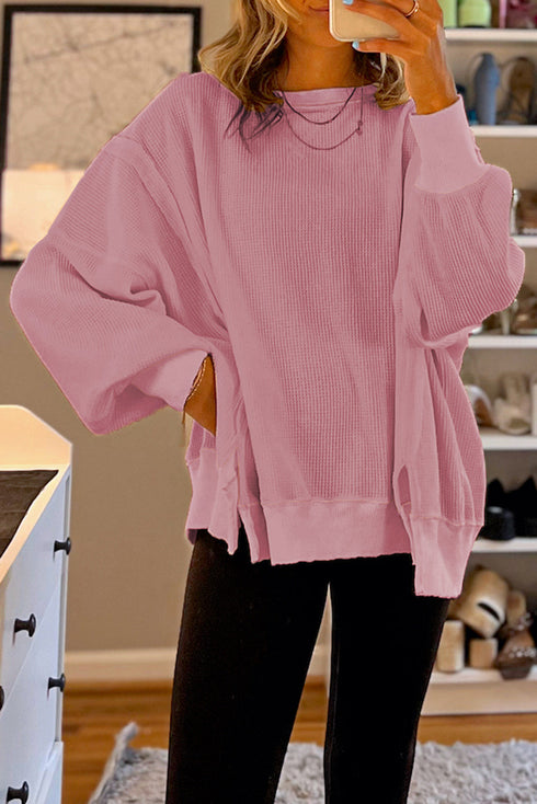 Waffle Knit Exposed Seam Long Sleeve Tunic Top
