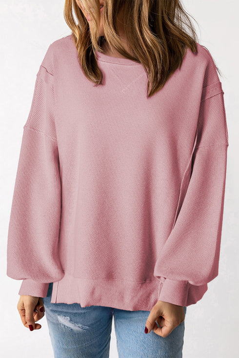 Waffle Knit Exposed Seam Long Sleeve Tunic Top