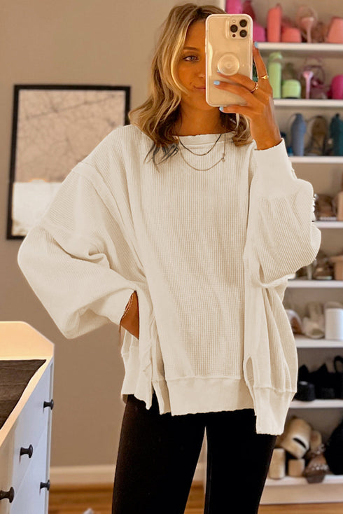 Waffle Knit Exposed Seam Long Sleeve Tunic Top