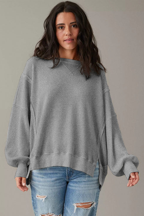 Waffle Knit Exposed Seam Long Sleeve Tunic Top