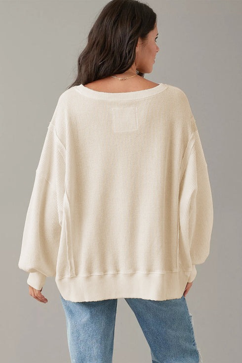 Waffle Knit Exposed Seam Long Sleeve Tunic Top