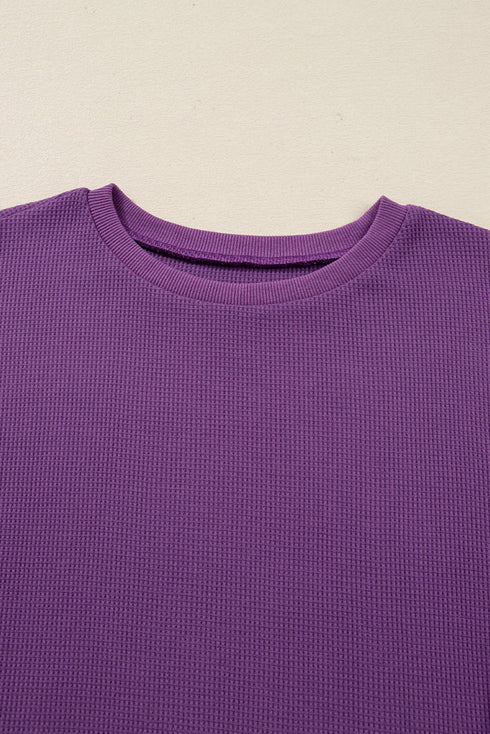 Waffle Knit Exposed Seam Split Hem Pullover Top