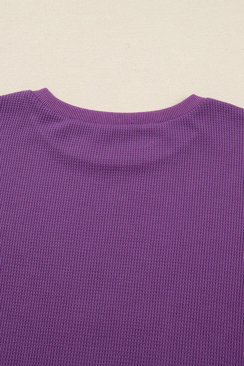 Waffle Knit Exposed Seam Split Hem Pullover Top