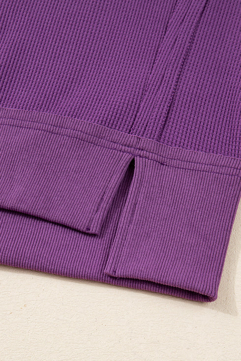 Waffle Knit Exposed Seam Split Hem Pullover Top