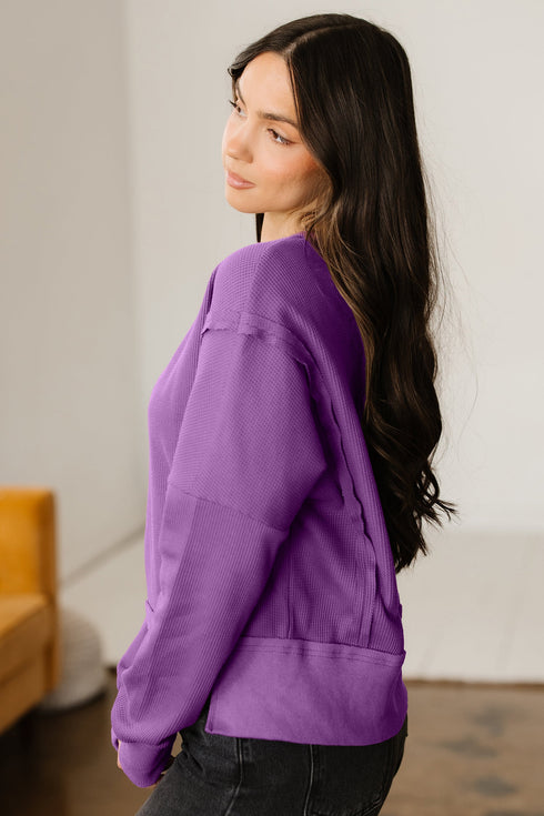 Waffle Knit Exposed Seam Split Hem Pullover Top