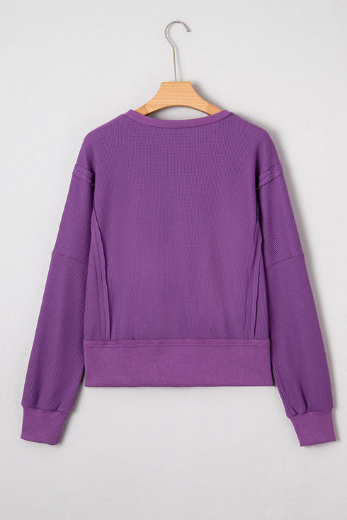 Waffle Knit Exposed Seam Split Hem Pullover Top