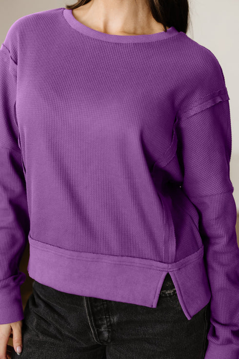 Waffle Knit Exposed Seam Split Hem Pullover Top