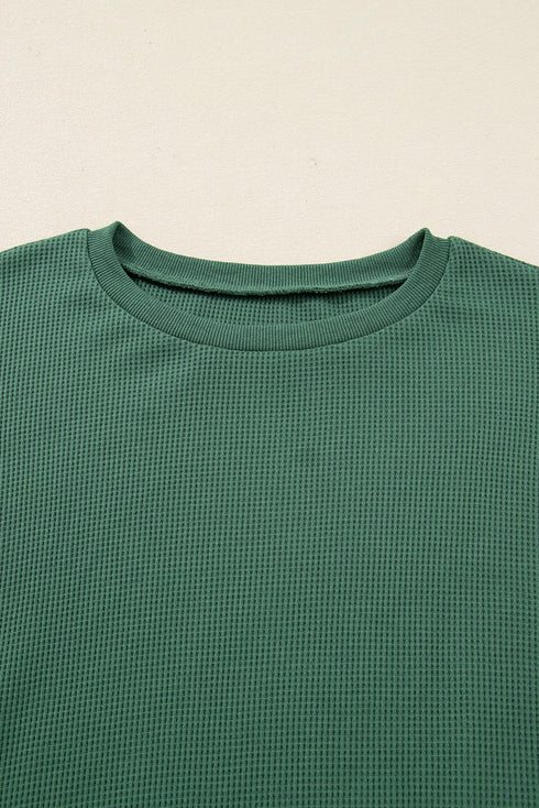 Waffle Knit Exposed Seam Split Hem Pullover Top