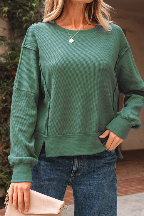 Waffle Knit Exposed Seam Split Hem Pullover Top