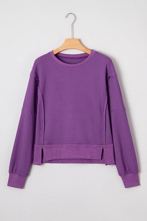 Waffle Knit Exposed Seam Split Hem Pullover Top