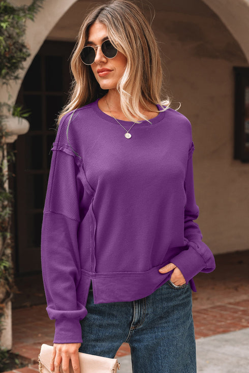 Waffle Knit Exposed Seam Split Hem Pullover Top