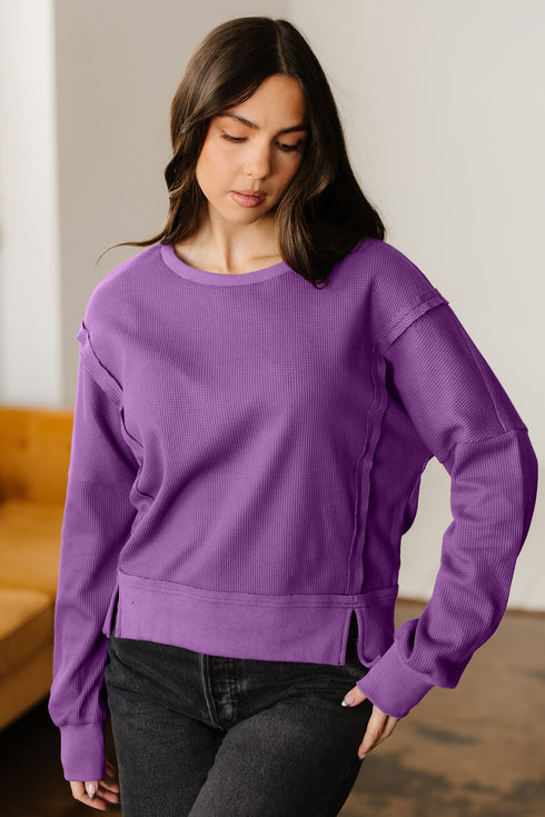 Waffle Knit Exposed Seam Split Hem Pullover Top