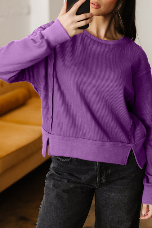 Waffle Knit Exposed Seam Split Hem Pullover Top