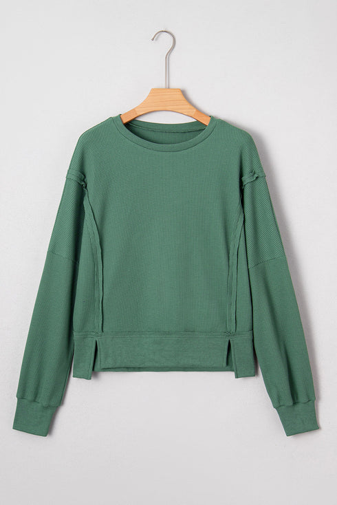 Waffle Knit Exposed Seam Split Hem Pullover Top