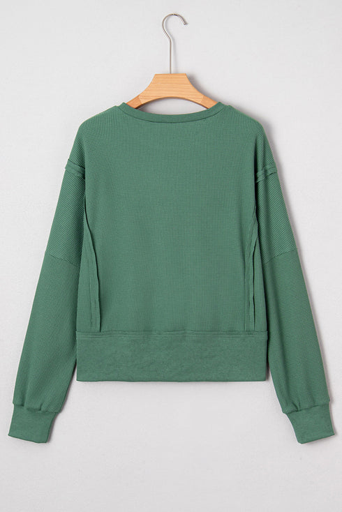 Waffle Knit Exposed Seam Split Hem Pullover Top