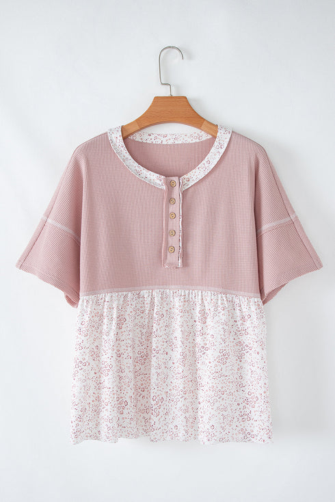 Waffle Knit Floral Patchwork Exposed Seam Short Sleeve Top