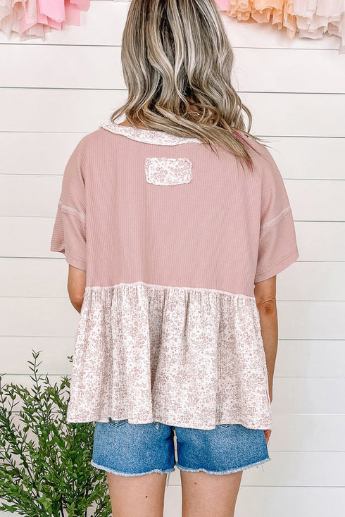 Waffle Knit Floral Patchwork Exposed Seam Short Sleeve Top