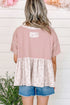 Waffle Knit Floral Patchwork Exposed Seam Short Sleeve Top