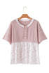 Waffle Knit Floral Patchwork Exposed Seam Short Sleeve Top