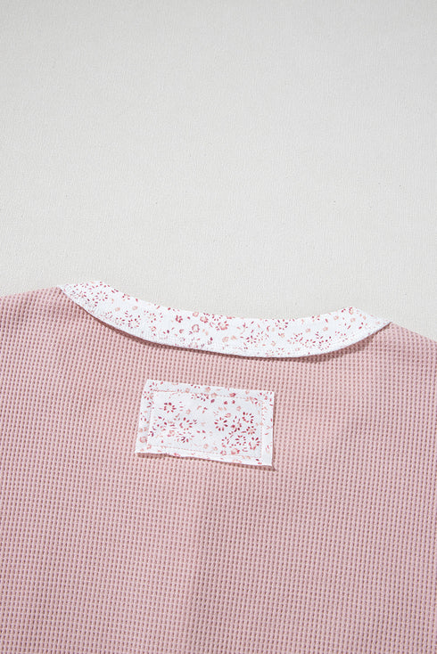 Waffle Knit Floral Patchwork Exposed Seam Short Sleeve Top
