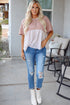 Waffle Knit Floral Patchwork Exposed Seam Short Sleeve Top