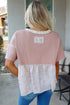 Waffle Knit Floral Patchwork Exposed Seam Short Sleeve Top