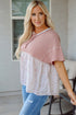 Waffle Knit Floral Patchwork Exposed Seam Short Sleeve Top