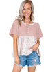 Waffle Knit Floral Patchwork Exposed Seam Short Sleeve Top