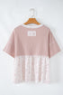 Waffle Knit Floral Patchwork Exposed Seam Short Sleeve Top