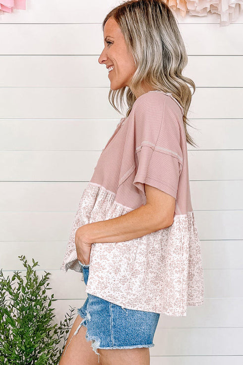 Waffle Knit Floral Patchwork Exposed Seam Short Sleeve Top