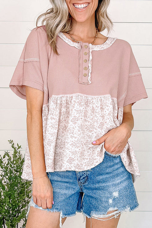 Waffle Knit Floral Patchwork Exposed Seam Short Sleeve Top