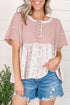 Waffle Knit Floral Patchwork Exposed Seam Short Sleeve Top