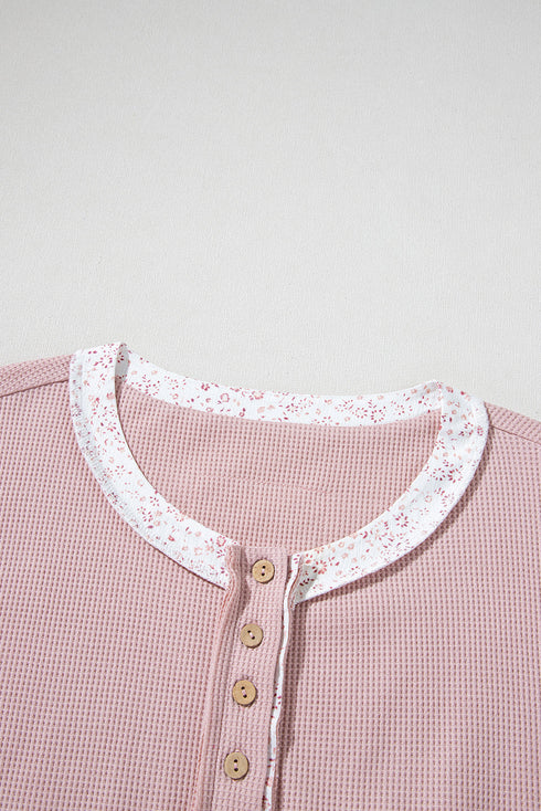 Waffle Knit Floral Patchwork Exposed Seam Short Sleeve Top